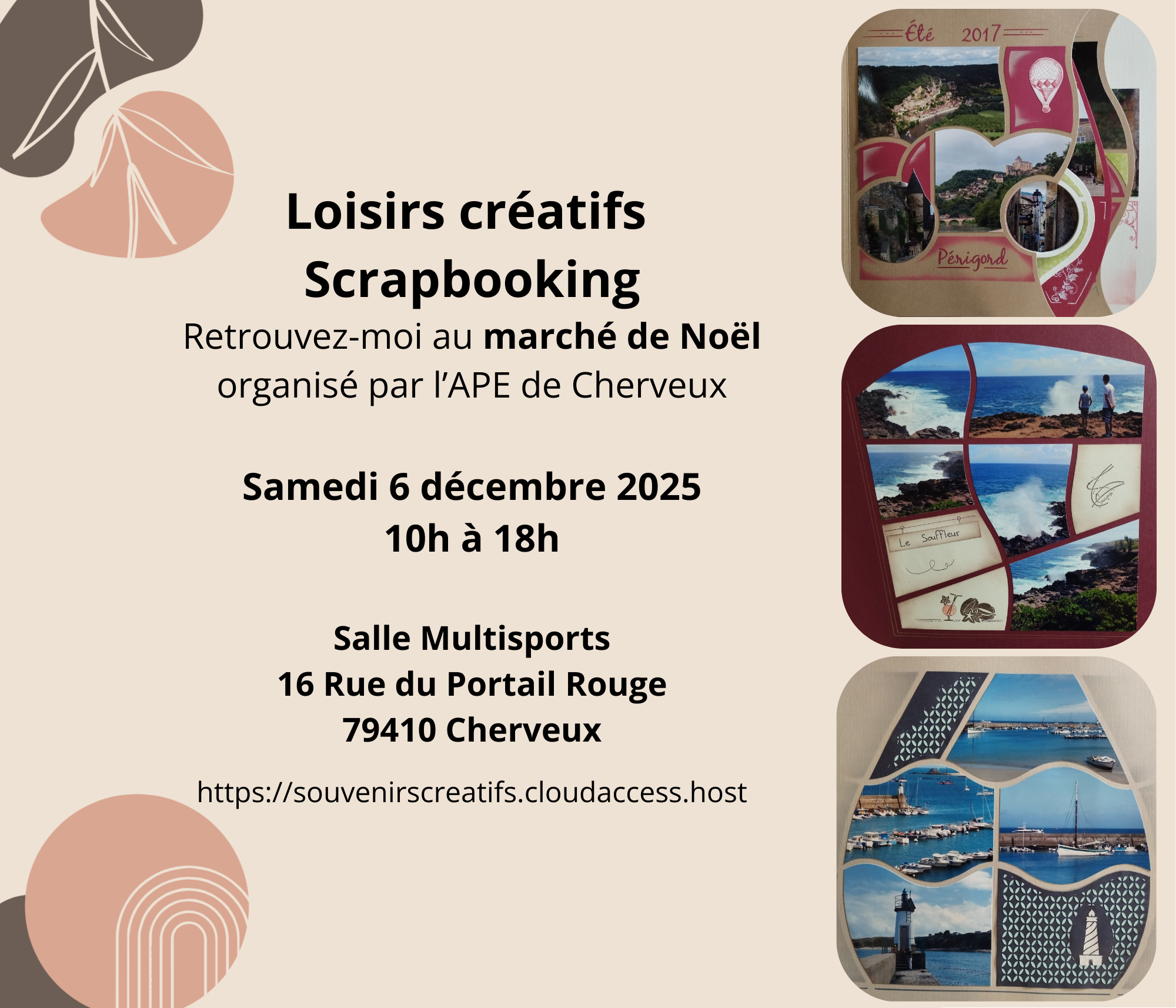flyer marché de noël avec des photos des pages réalisées avec des techniques de scrapbooking